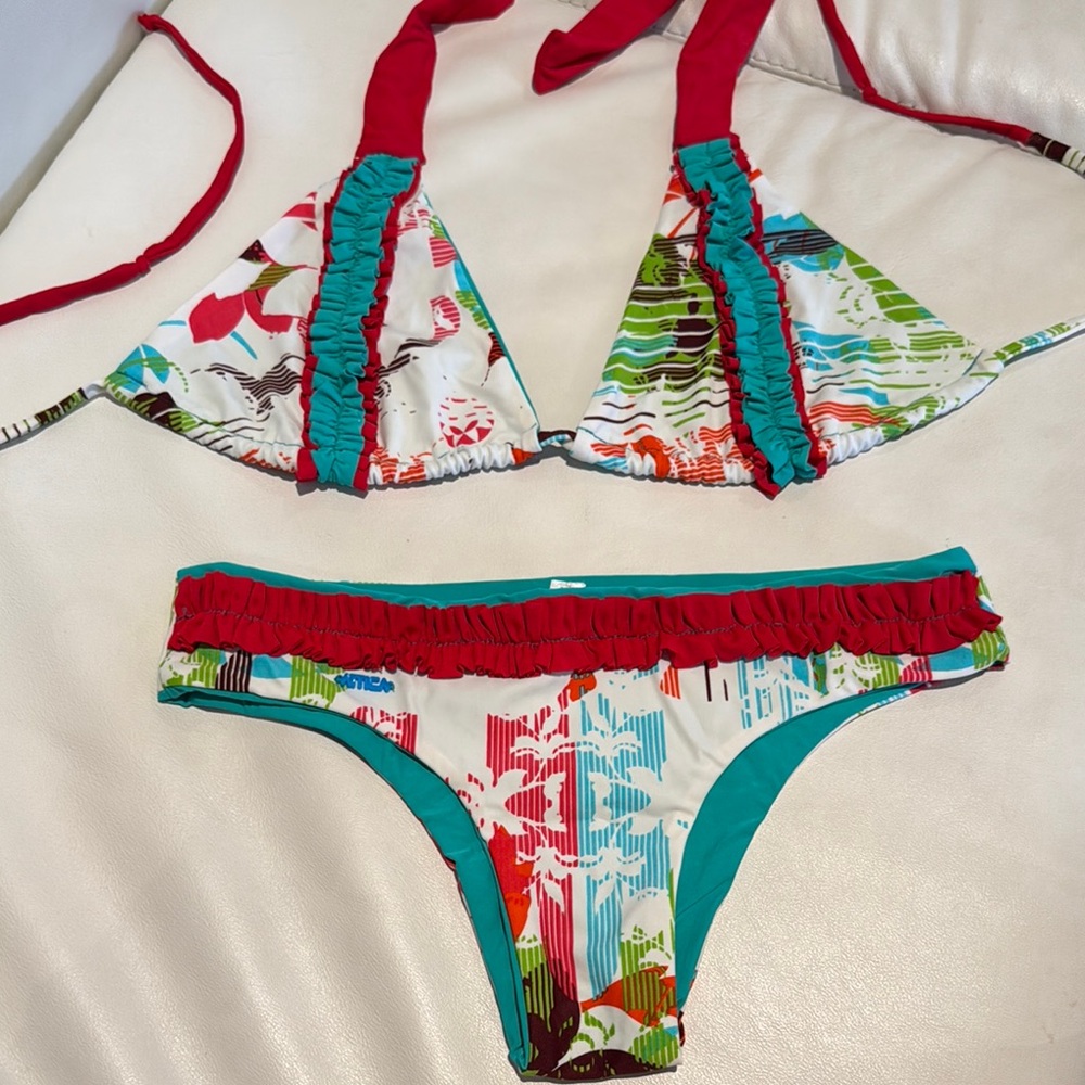 Women small Colorful Bikini Set with Ruffle Details hand made tropical ruffles